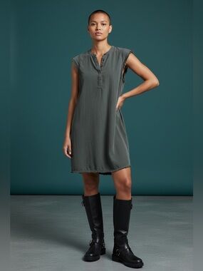 Dahlia khaki mini dress, L, cap sleeves, raw edge, relaxed fit Streetwear Edgy